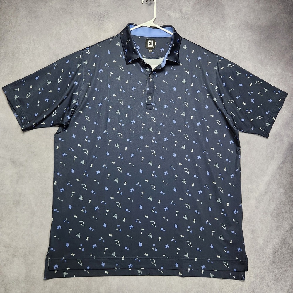 FootJoy Mens 2XL Dark Blue Cookout Print Golf Polo Shirt 29191 Short Sleeve